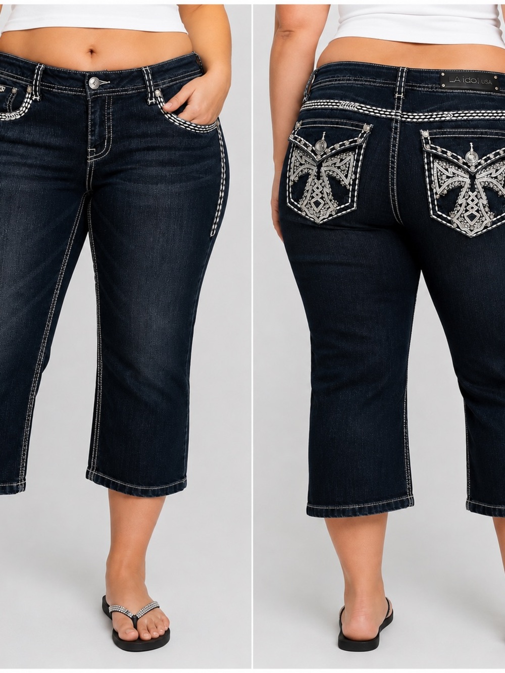 LA Idol USA Size 19 Plus Rhinestone Embellished Dark Wash Capri Jeans Y2K